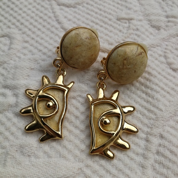 Vintage Earrings Clips Dangling Half Sun Gold - Picture 2 of 6